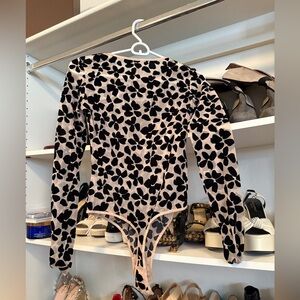 Victoria's  Black sheer Floral Velvet Long-Sleeve Bodysuit
